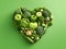 Heart of green fruits and vegetables isolated on light green background. Green life concept and healthy eating lifestyle. Shape of