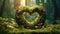 Heart green moss forest background. Fantasy Enchanted Heart-shaped mossy branches in Mystical Whimsical forest. Magical