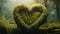 Heart green moss forest background. Fantasy Enchanted Heart-shaped mossy branches in Mystical Whimsical forest. Magical