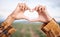 Heart hands, agriculture and farming and countryside for sustainability, farming or agro business people in industry