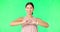 Heart, hands and face of happy woman on green screen for fitness, wellness or healthy life. Female portrait, sports