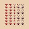 Heart health indicator vector pixel art icon set - full, half, empty live energy bar for arcade game design 8 bit