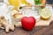 Heart and Healthy food, Kefir milk, yogurt, fresh fruit and organic vegetable, Probiotic nutrition drink for good balance.