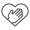 Heart and helping hand line icon. Human palm inside heart shape symbol, outline style pictogram on white background