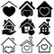 Heart with home ison vector set. House with haert illustration sign collection.