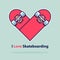 Heart icon in flat design. Love symbol. Valentine`s Day sign. Skateboarding logo isolated on blue background with shadow.