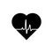 Heart, Icon of human health. Black heart icon with pulse line on white background