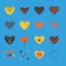 Heart icon set in bright colors in flat style