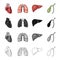 Heart, internal organ, lung of a person, liver, gall bladder. Human organs set collection icons in cartoon black