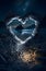 A heart laid with round stones on the shore of a lake at night. Heart as a symbol of affection and