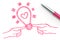 Heart light bulb with couple hand symbol hand drawing by pen sketch pink color, valentine concept design