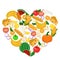 Heart lined with vegetables, fruits, bread and milk. Healthy diet.
