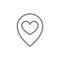 Heart with location mark, love direction line icon. Location of charity, donation, friendship symbol