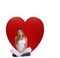 Heart, love and portrait of relax woman with big red object, romantic product or emoji icon for Valentines Day holiday