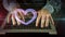 Heart love symbol with man typing on a computer keyboard