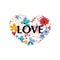 Heart with ``Love`` text. Abstract colorful flowers, hearts and butterflies