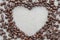 Heart made from coffee beans on textured sack