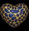 Heart made of golden shining metallic 3D with blue glass isolated on black background.