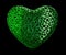 Heart made of green plastic with abstract holes isolated on black background. 3d