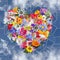 Heart made with Photography Flowers on Blue sky