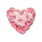 Heart made with pink flowers, isolated on white background, top view. Love, wedding or Valentines day concept.
