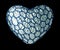 Heart made of silver shining metallic 3D blue cage isolated on black background.