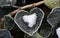 A heart made of snow photographed on a heart shaped leaf