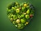 Heart made of various green vegetables and fruits isolated on green background. Green heart as a green life concept and healthy