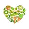Heart made from watercolor isolated elements. Matcha green tea, cake, donut, cappuccino, macaroon, ice cream, sweets with matcha p