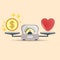 Heart and money for scales icon. Balance of money and love in scale. Concept choice. Scales with love and money coins. Vector.