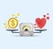 Heart and money for scales icon. Balance of money and love in scale. Concept of choice. Scales with love and money coins. Vector.