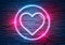 Heart neon icon illuminating a brick wall with blue and pink glowing light 3D rendering