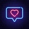 Heart neon sign. Neon like in speech bubble on brick wall. Romantic light banner. Bright night neon signboard. Romantic