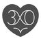 heart with nuber 30 as infinity solid icon, love and relationship concept, thirty vector sign on white background, glyph