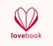 Heart open like a book or brochure with spread pages vector logo or icon, love letter or literature novel about romantic story