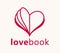 Heart open like a book or brochure with spread pages vector logo or icon, love letter or literature novel about romantic story