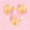 Heart patchwork pattern in pink and yellow colors. Beautiful card for Valentine day. Vector illustration