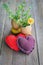 Heart pillow and moss rose in an egg shell on wooden floor.