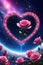 A heart of pink rose in the cosmic galaxy, romantic scene with rose flower, love athmosphere, flower petals, anime art, dynamic