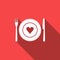 Heart on plate, fork and knife icon isolated with long shadow. Happy Valentine`s day