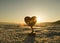 Heart in a pot in the snow against the background of the evening sky.