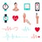 Heart rate monitor for running. Set of icons in a flat style. Pulse measurement vector illustration.