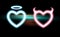 Heart set neon blue, pink radiant horned Devil, glow halo Angel for Valentines day Halloween. Icon holiday night love design.