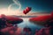 Heart shape balloons flying above red field of flowers. Valentine`s day wallpaper background. Dreamy surreal valentine landscape