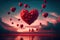 Heart shape balloons flying above red field of flowers. Valentine`s day wallpaper background. Dreamy surreal valentine landscape