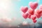 Heart shape balloons flying on blue sky. Valentines day banner. Pastel color ballons in the air