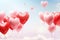 Heart shape balloons flying on blue sky. Valentines day banner. Pastel color ballons in the air