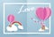 Heart shape balloons flying over clouds and rainbow in white frame background.