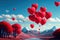 Heart shape balloons flying in the sky. Valentine`s day wallpaper background. Dreamy surreal valentine landscape