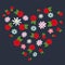 Heart shape filled with different flowers isolated on navy blue background